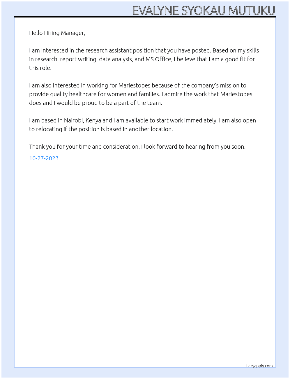 research assistant At Mariestopes, kenya Cover Letter
