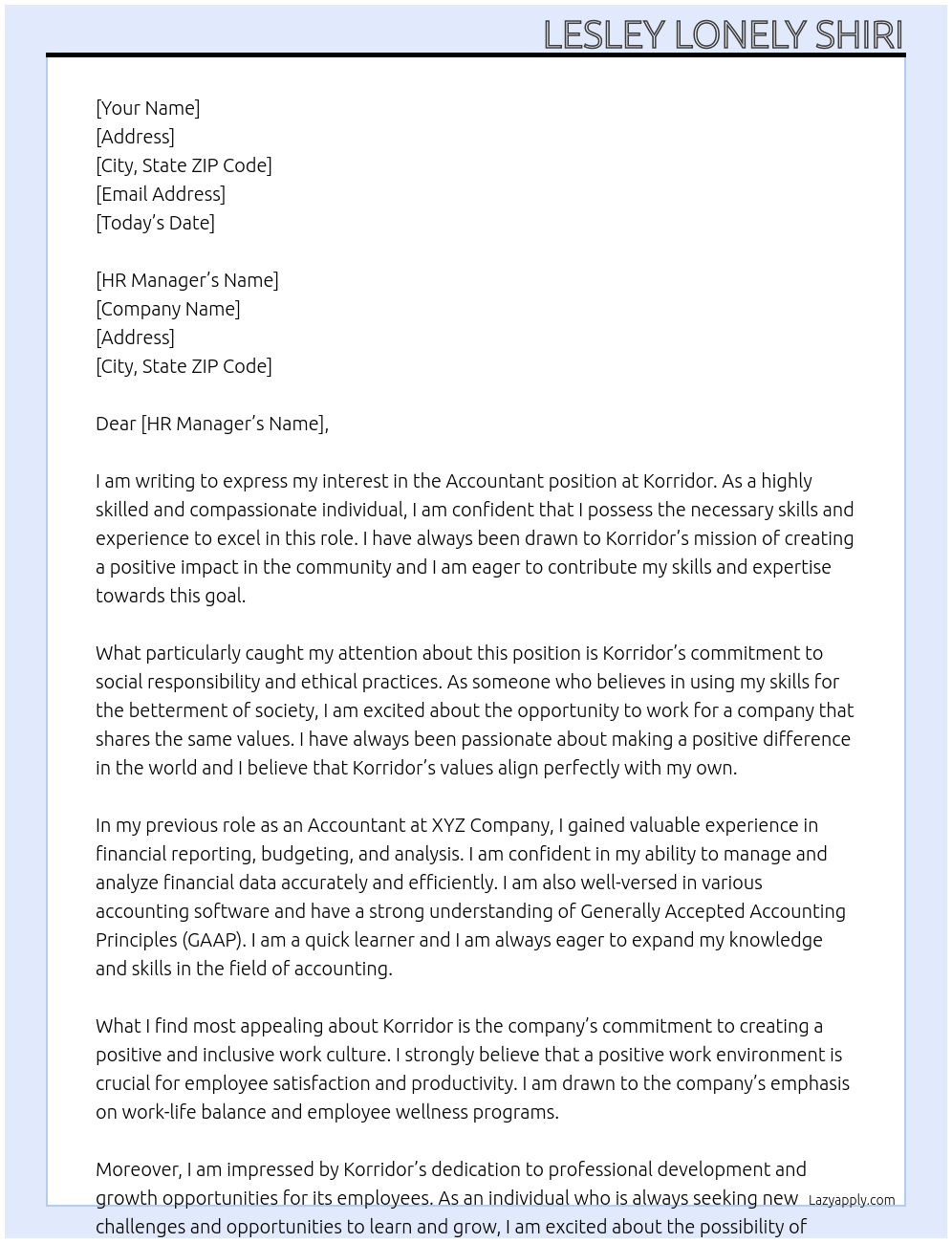 accountant At korridor Cover Letter