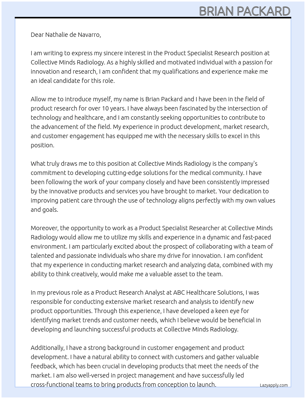 Product Specialist Research At Collective Minds Radiology Cover Letter