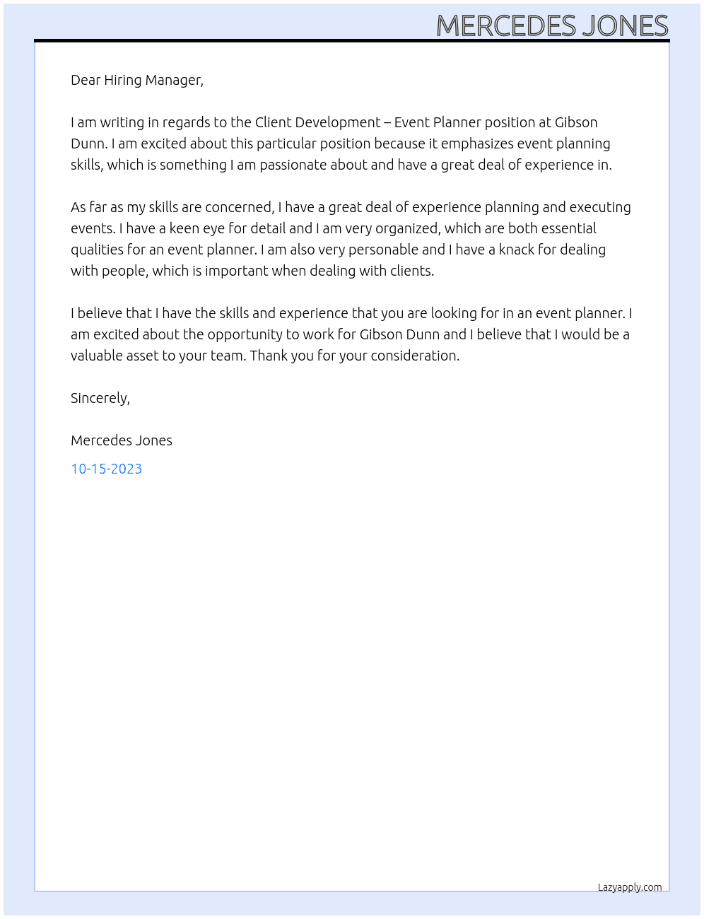 Client Development – Event Planner At Gibson Dunn Cover Letter