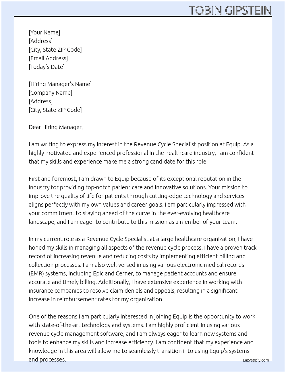 Revenue Cycle Specialist  At Equip  Cover Letter
