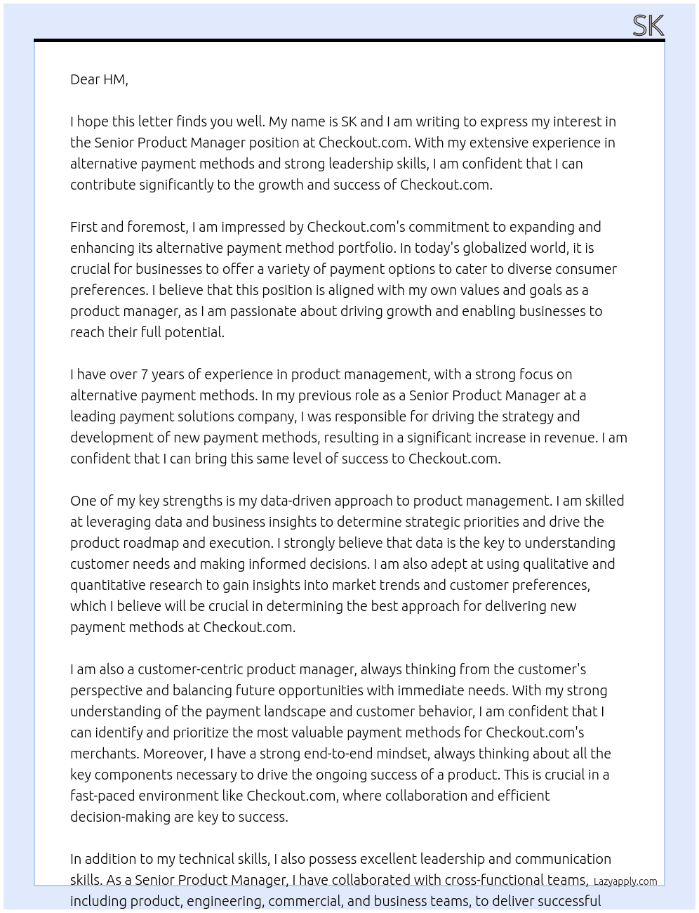 Senior product manager At Checkout Cover Letter