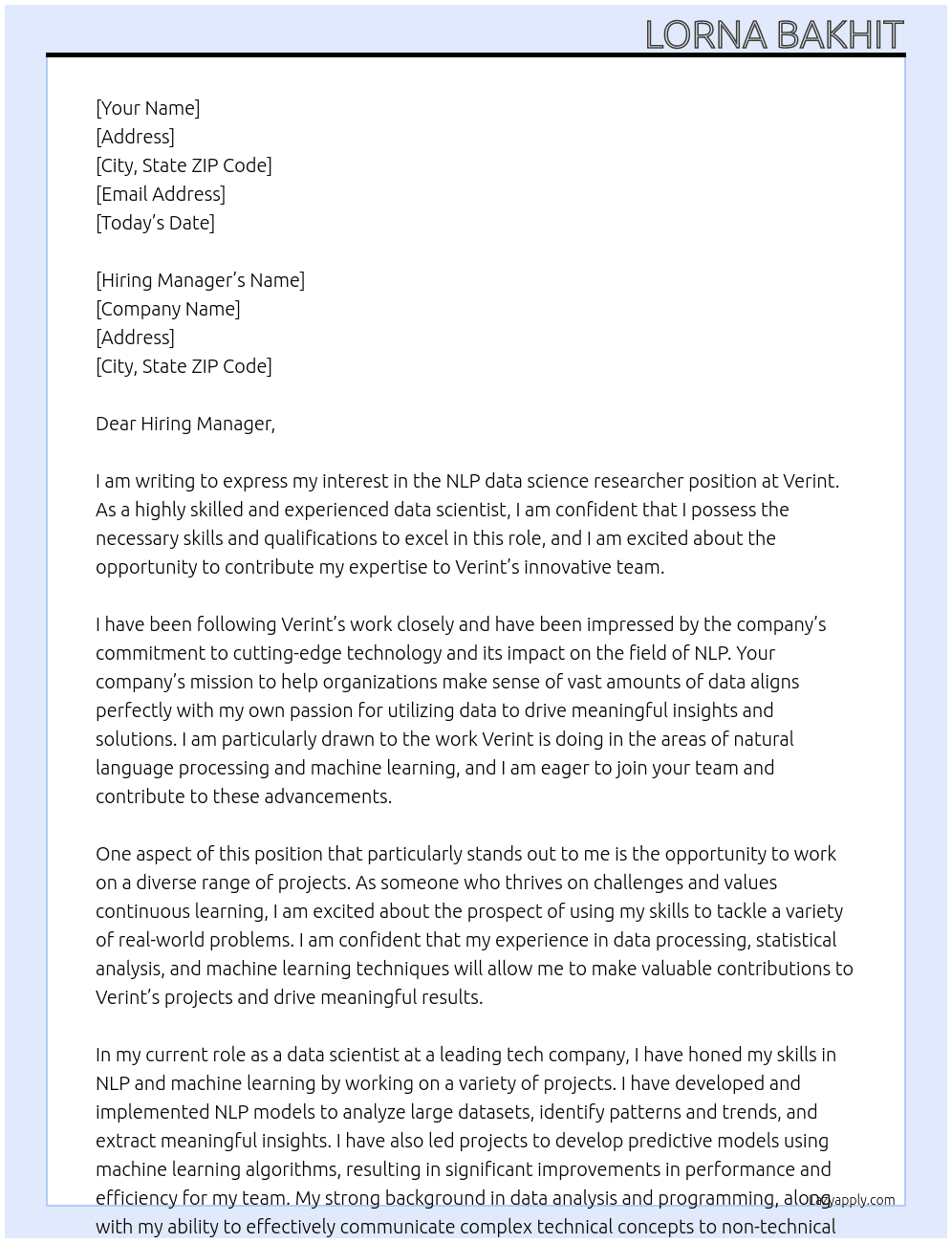 NLP data science researcher At verint Cover Letter
