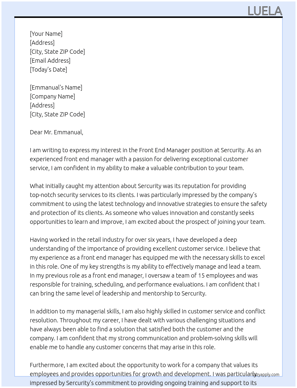front end manager At sercurity Cover Letter
