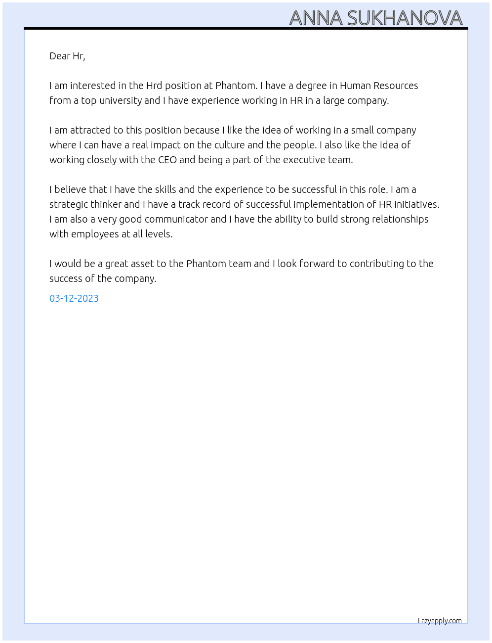 Hrd At Phantom Cover Letter