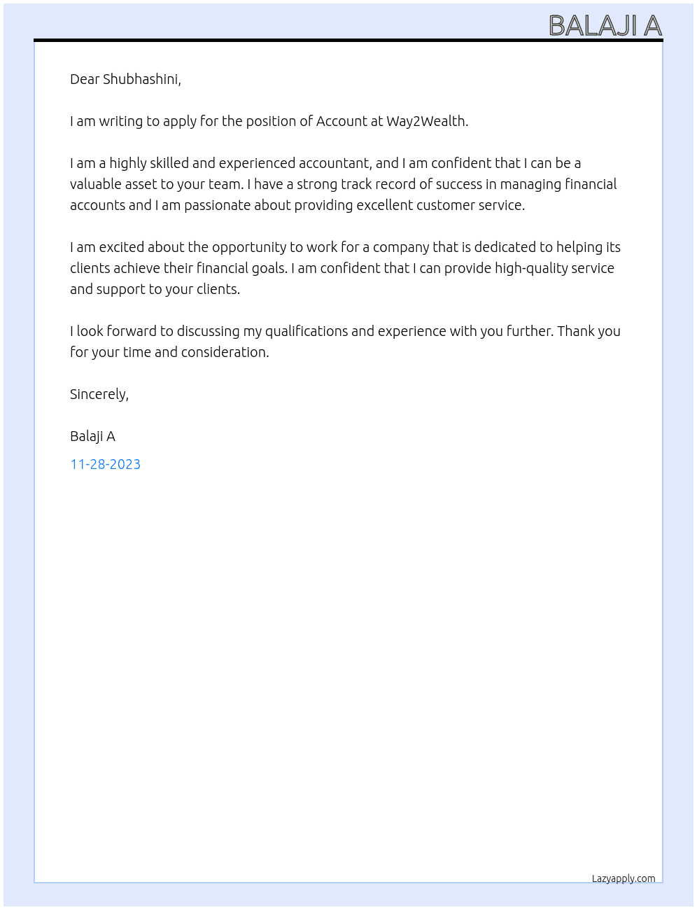 Account At Way2Wealth Cover Letter
