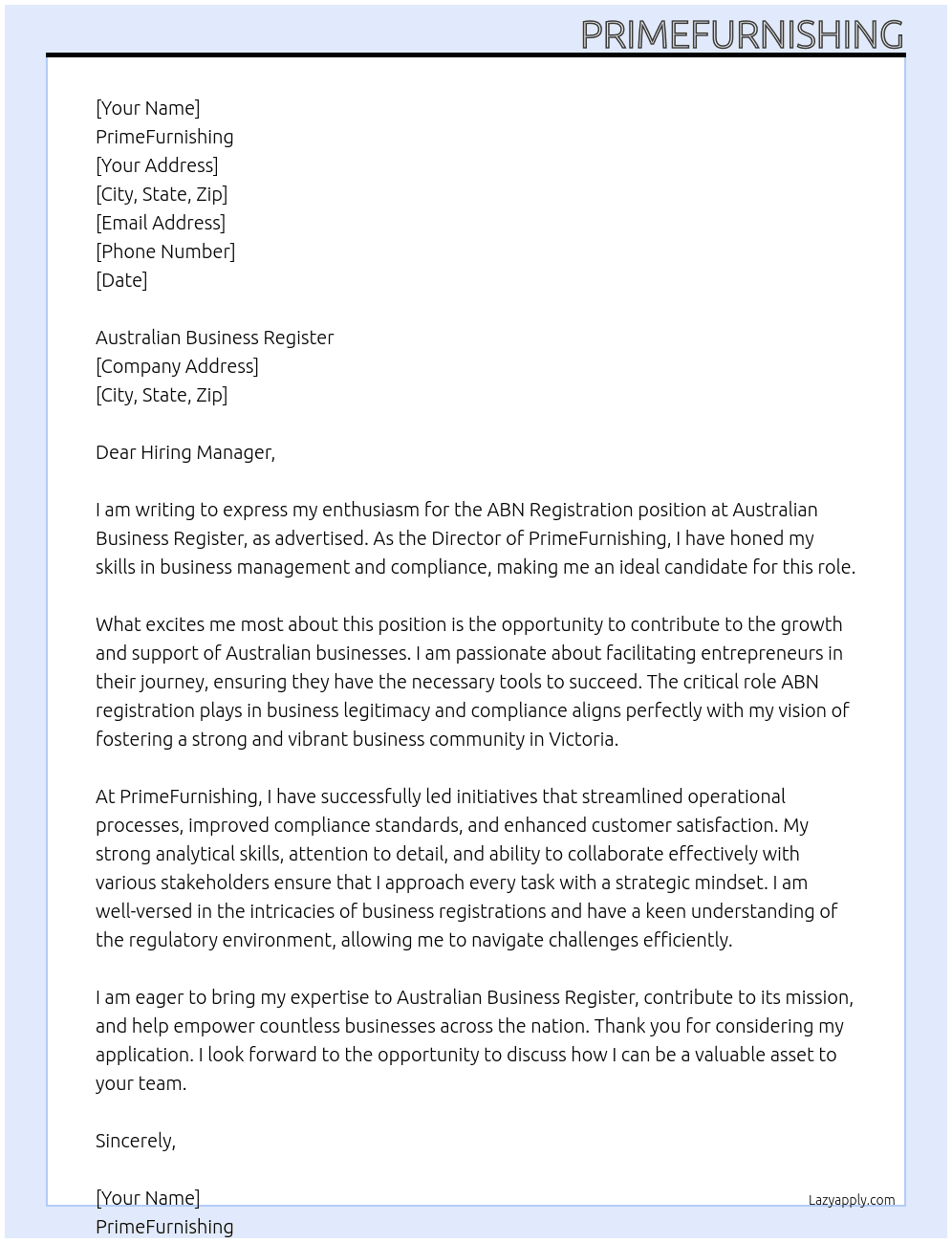 ABN registration At Primefurnishing Cover Letter