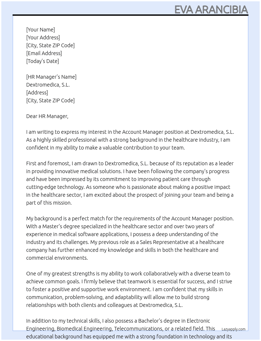Account Manager At Dextromedica, S.L. Cover Letter
