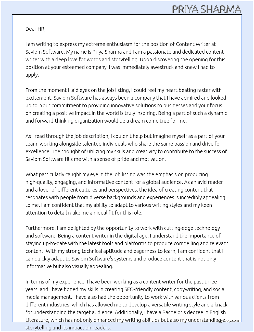 content writer At Saviom Software Cover Letter