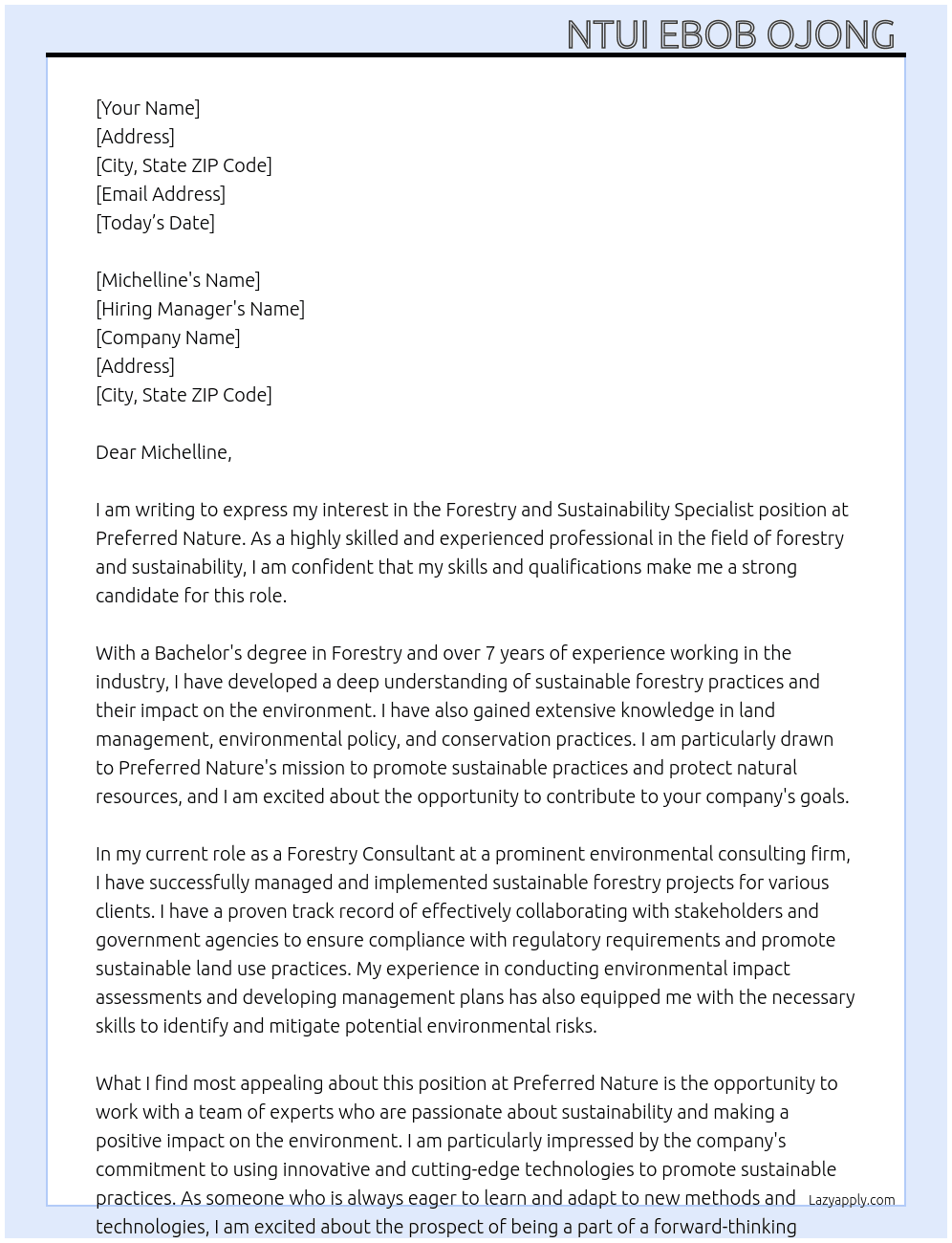 Forestry and Sustainability Specialist At Preferred Nature Cover Letter