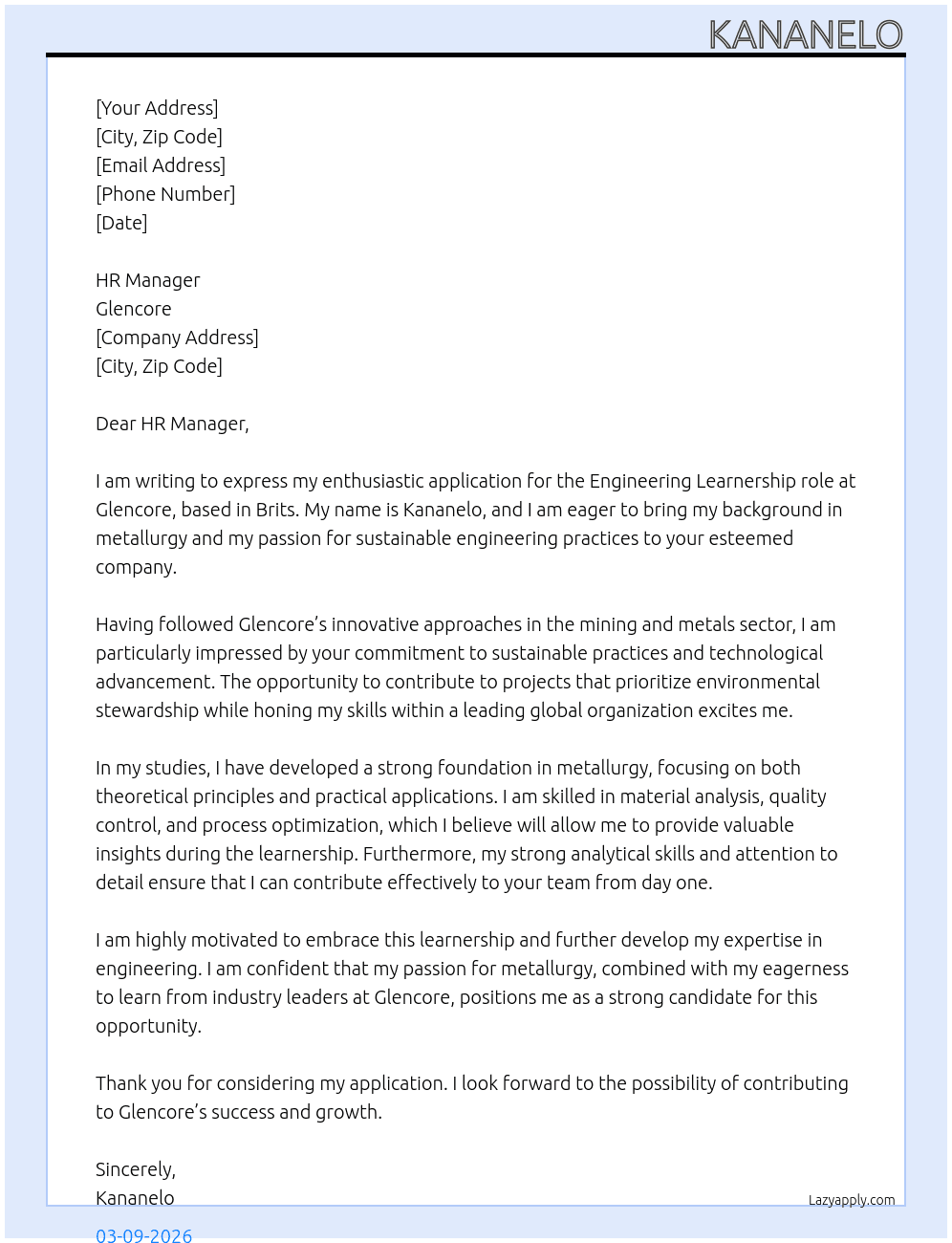 engineering At Glencore Cover Letter