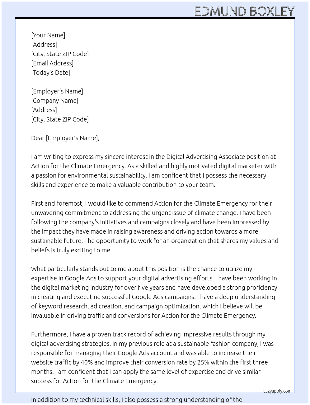 Digital Advertising Associate At Action for the Climate Emergency Cover Letter
