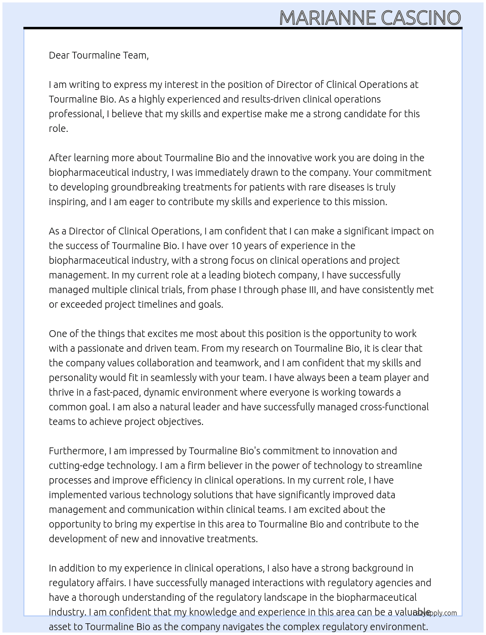 Director Clinical Operations At Tourmaline Bio Cover Letter