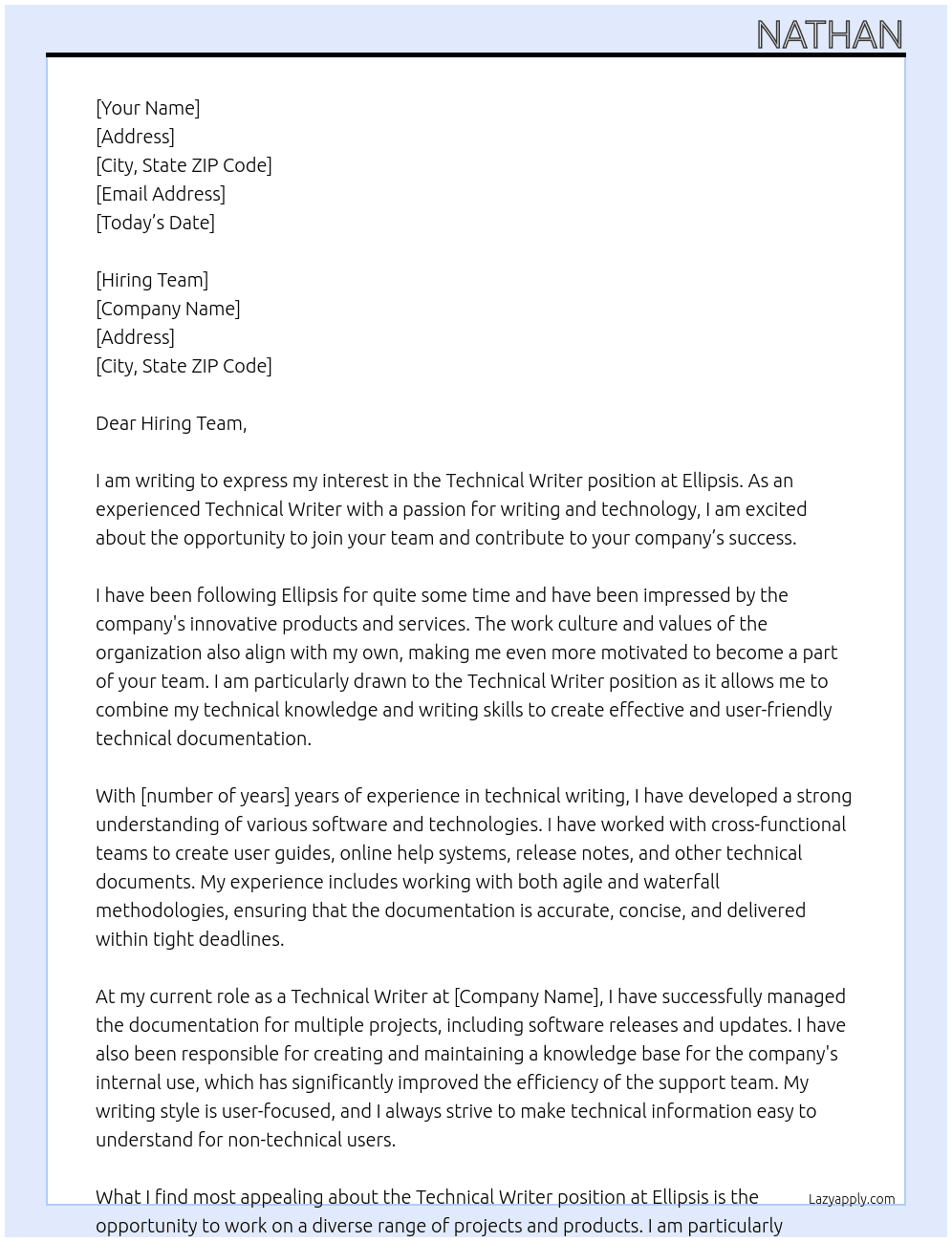 Technical Writer At Ellipsis Cover Letter