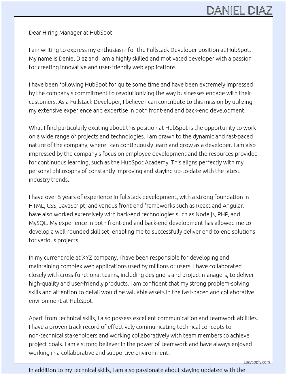 Fullstack Developer At hubspot Cover Letter
