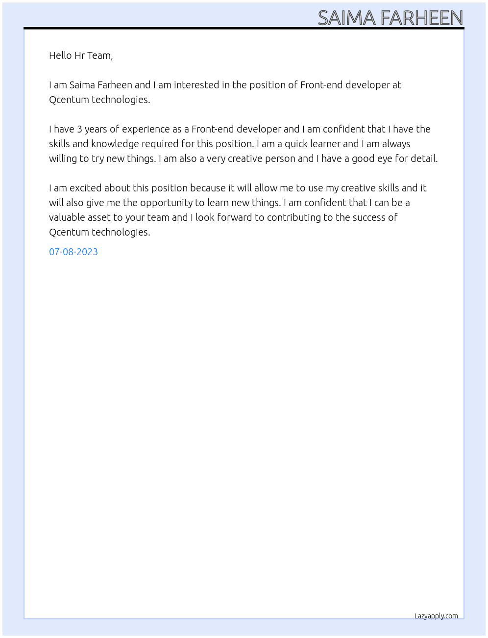 Front-end developer At Qcentum technologies Cover Letter
