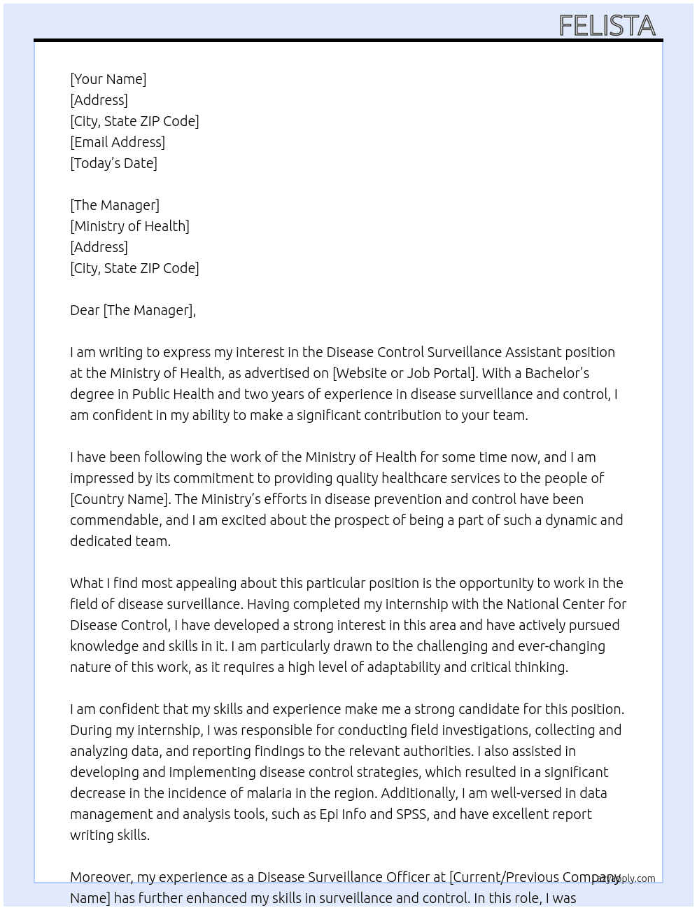 Disease Control Surveillance Assistant At Ministry of health Cover Letter