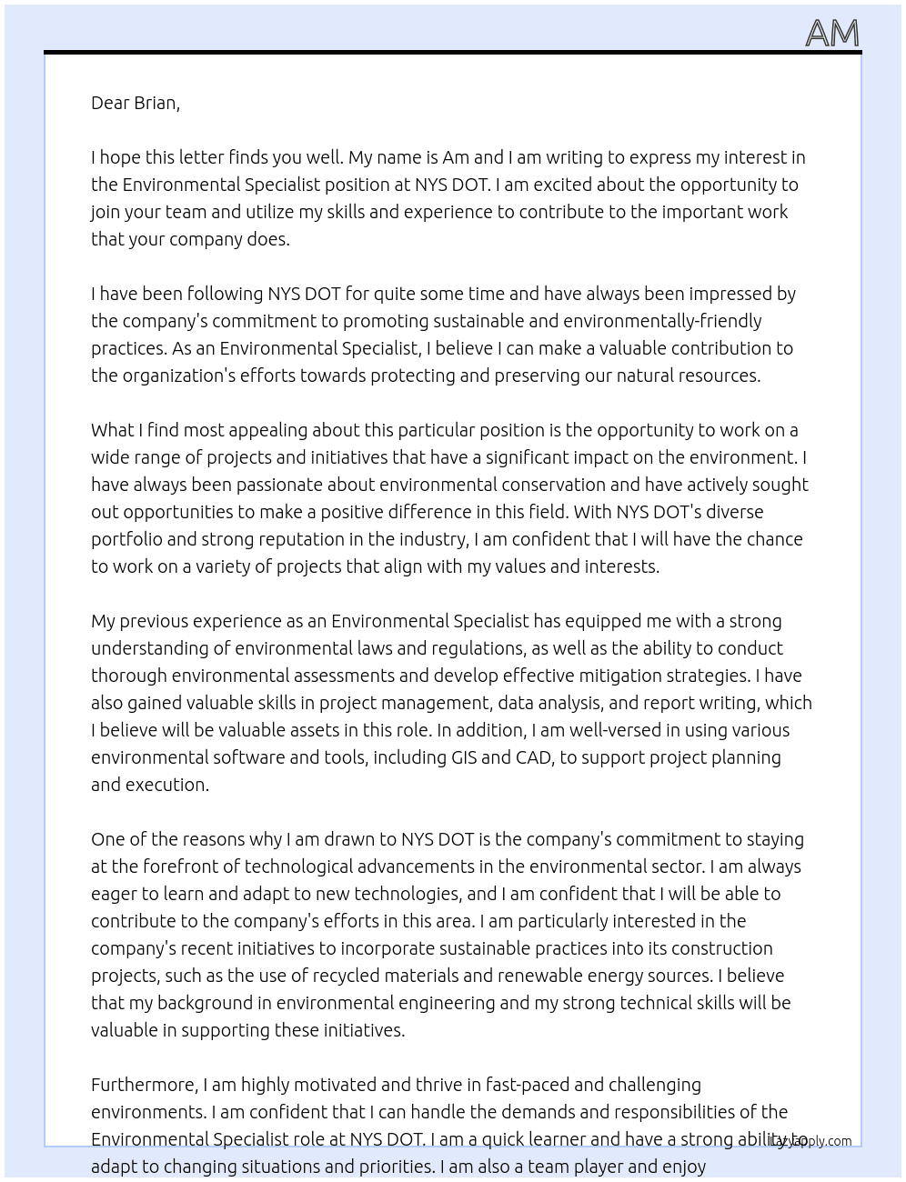 Environmental Specialist At NYS DOT Cover Letter