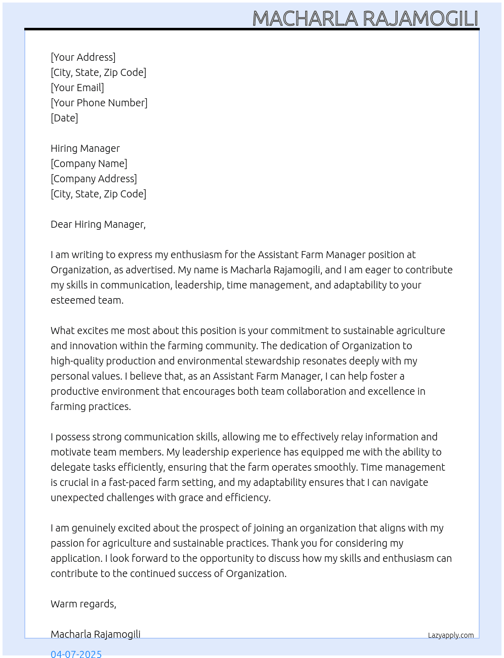 Assistant Farm manager  At Organization  Cover Letter