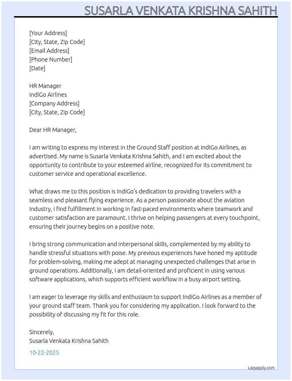 Ground Staff At IndiGo Airlines Cover Letter