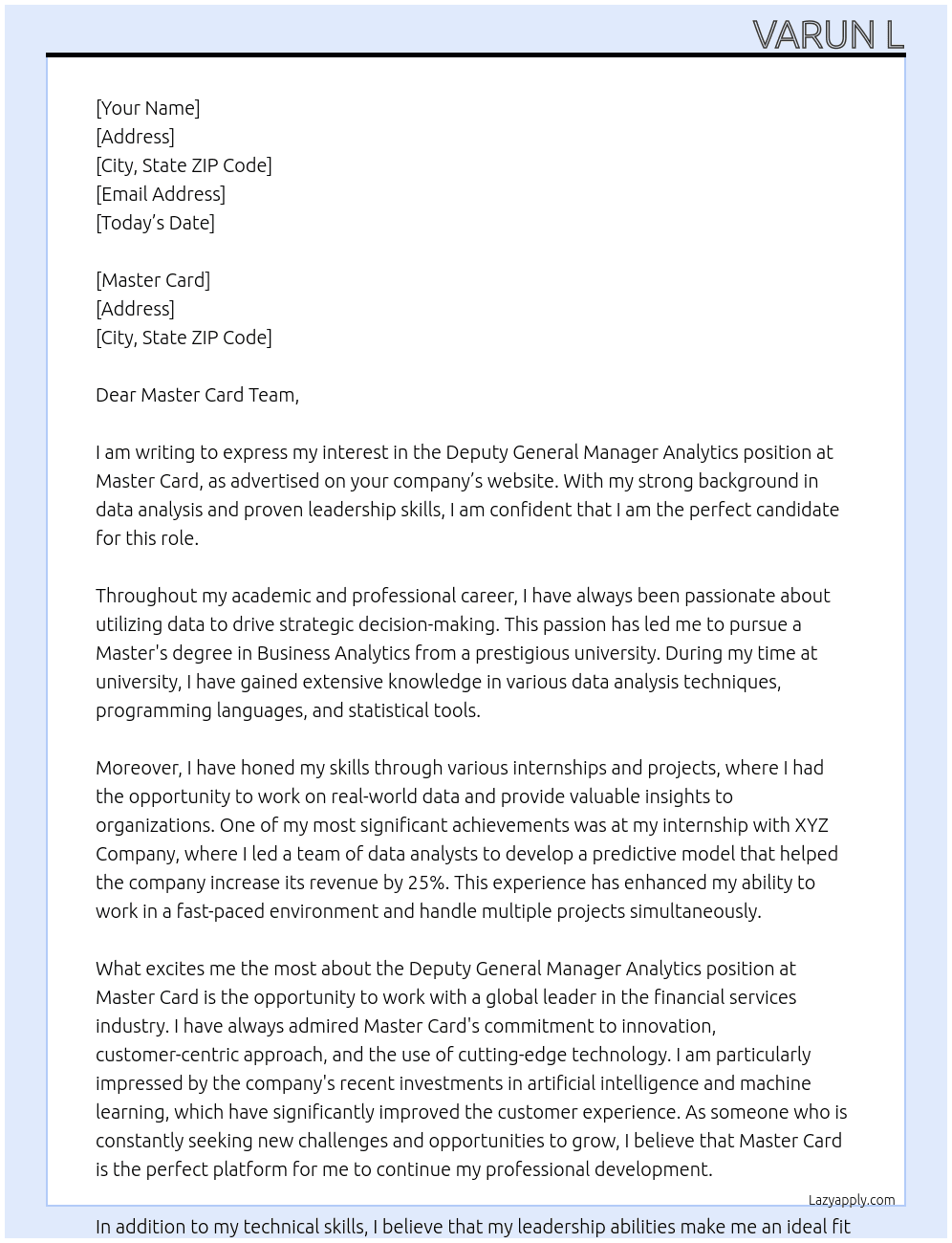 Deputy General Manager Analytics At Master Card Cover Letter