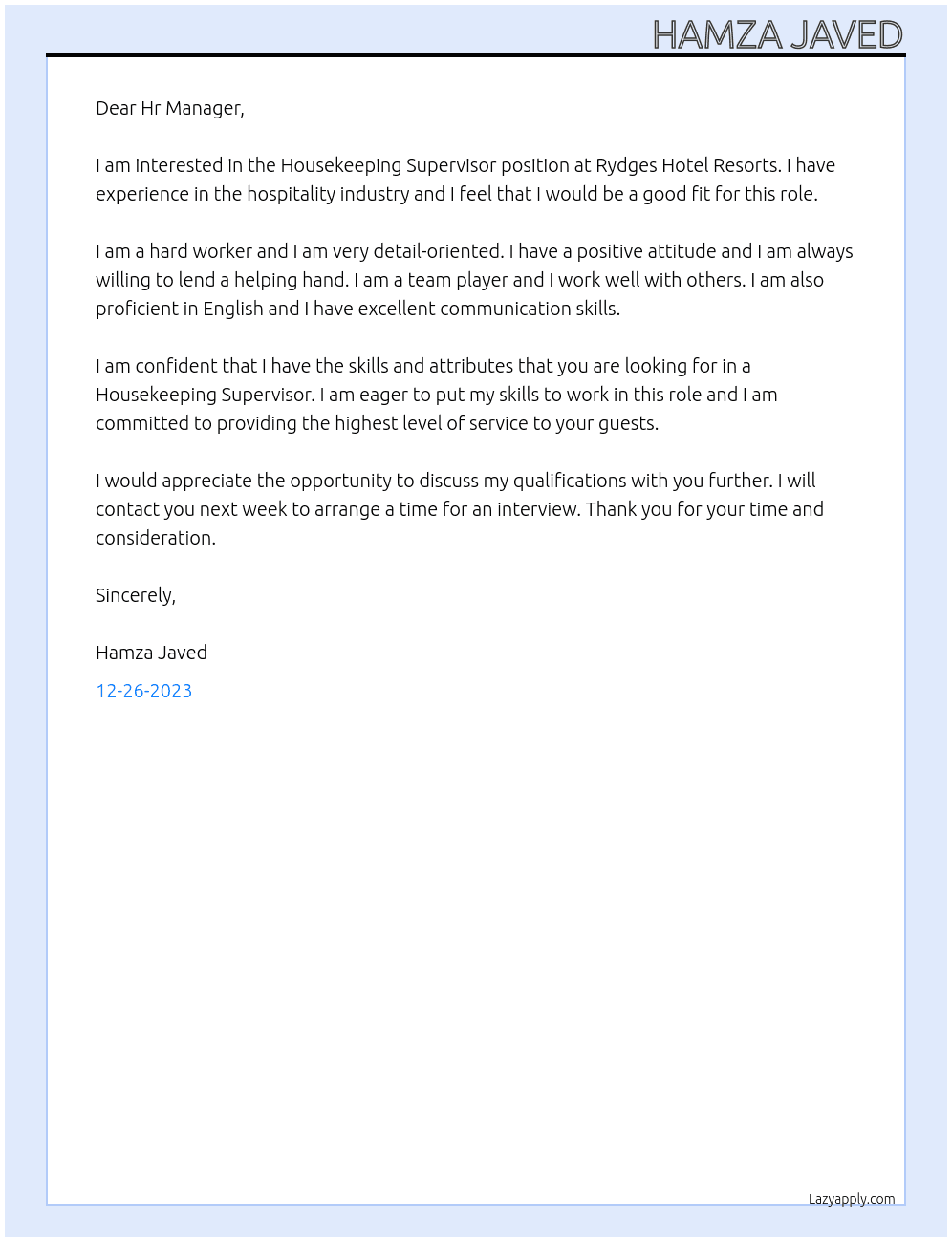 Housekeeping Supervisor At Rydges Hotel Resorts Cover Letter