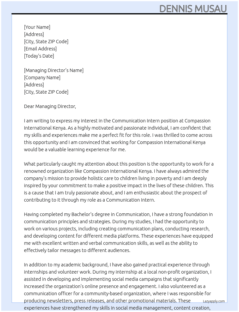 Communication intern At Compassion International Kenya  Cover Letter