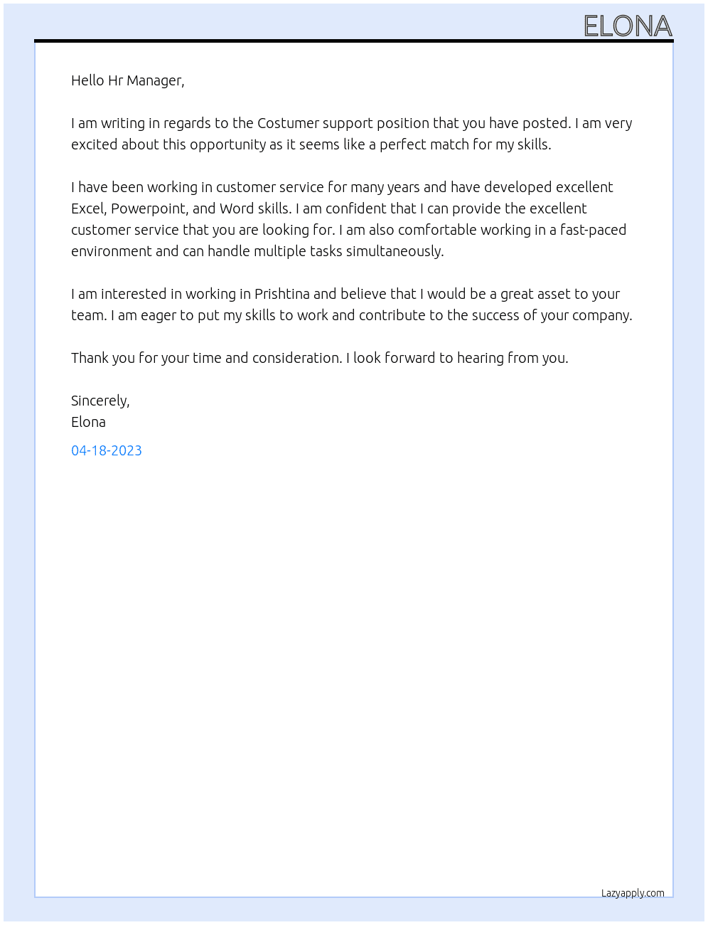 Costumer support At Royal york Cover Letter