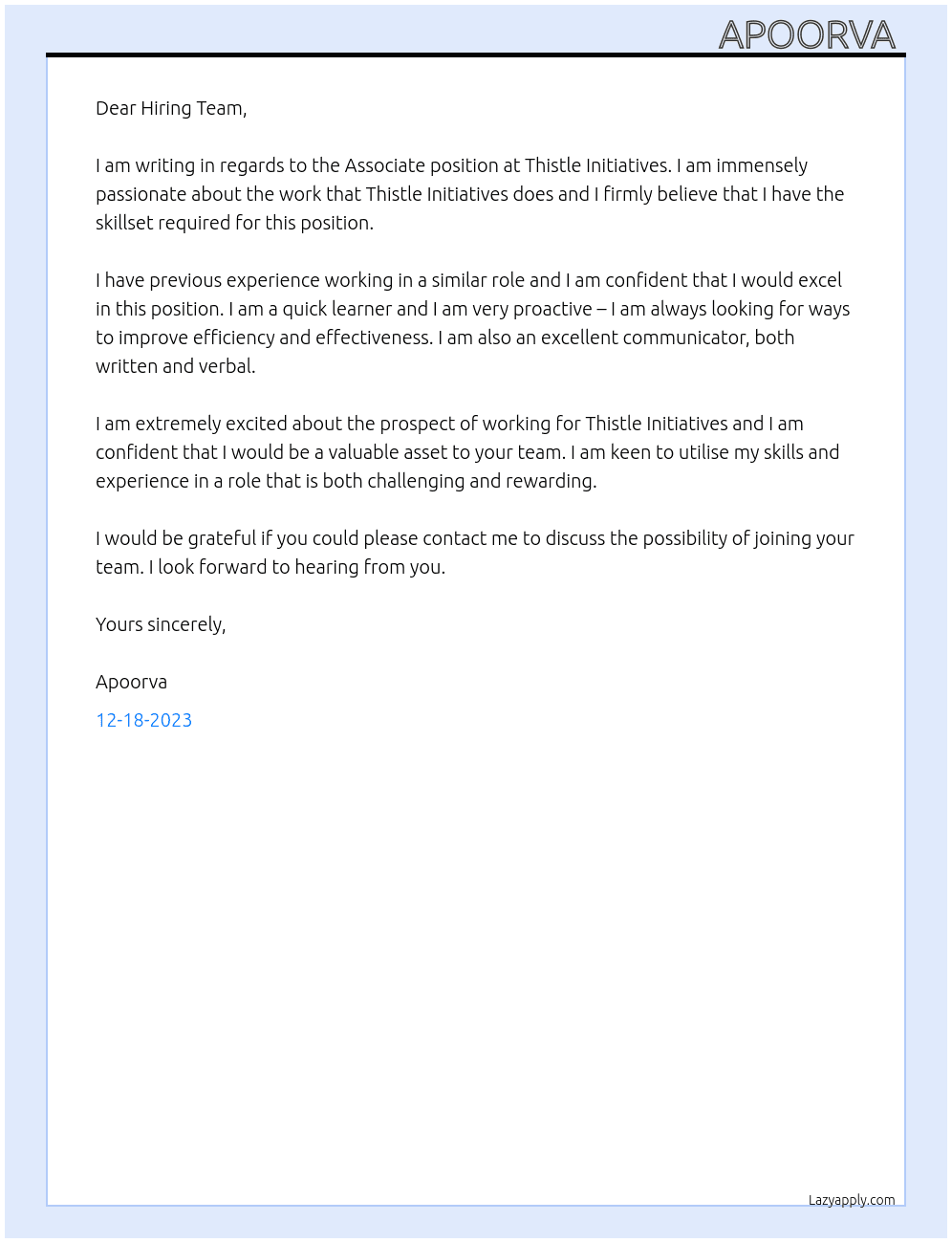 Associate  At Thistle Initiatives  Cover Letter