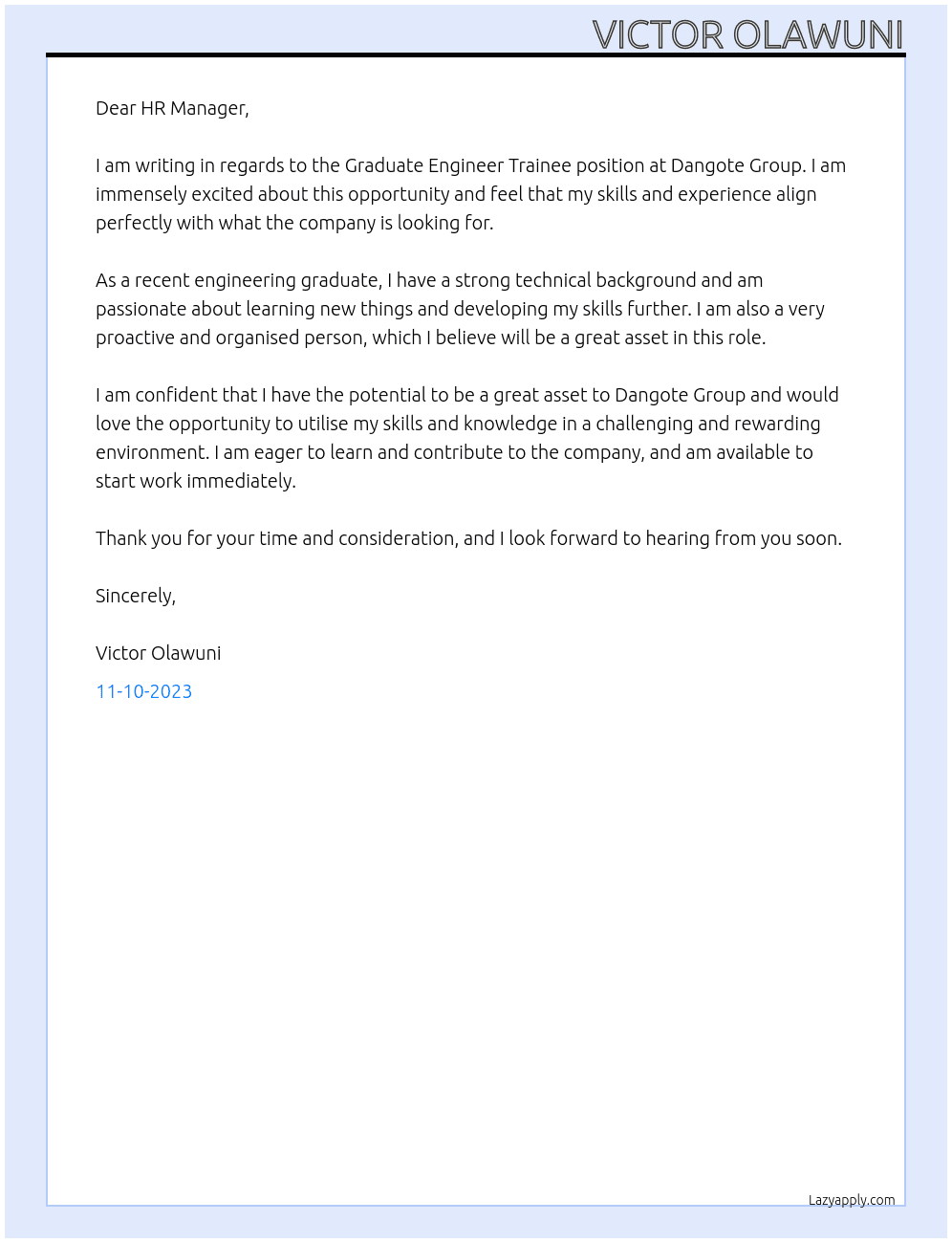 Graduate Engineer Trainees At  Dangote Group Cover Letter