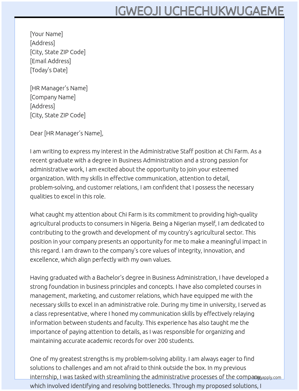 Administrative staff At Chi Farm Cover Letter