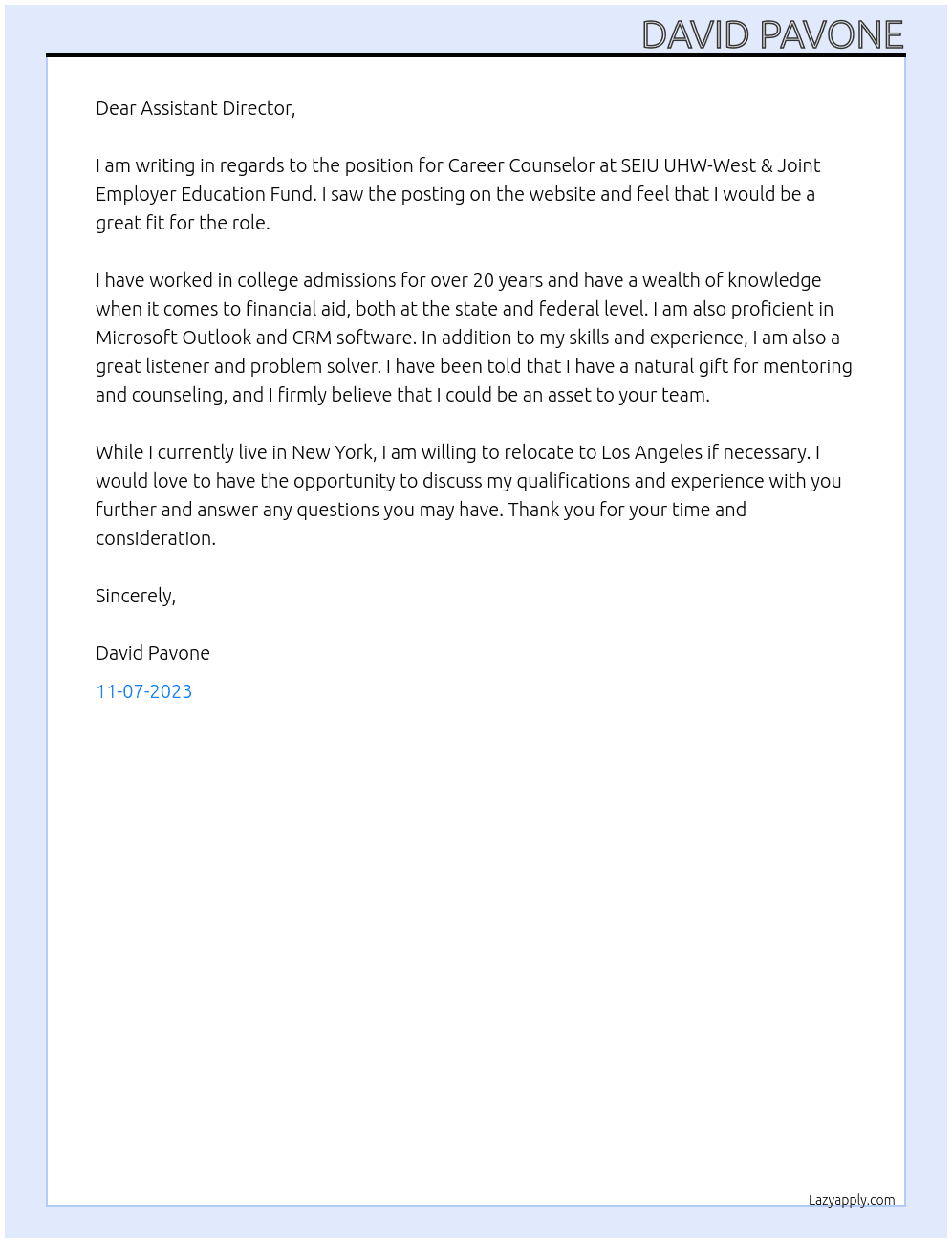 Career Counselor At SEIU UHW-West & Joint Employer Education Fund Cover Letter