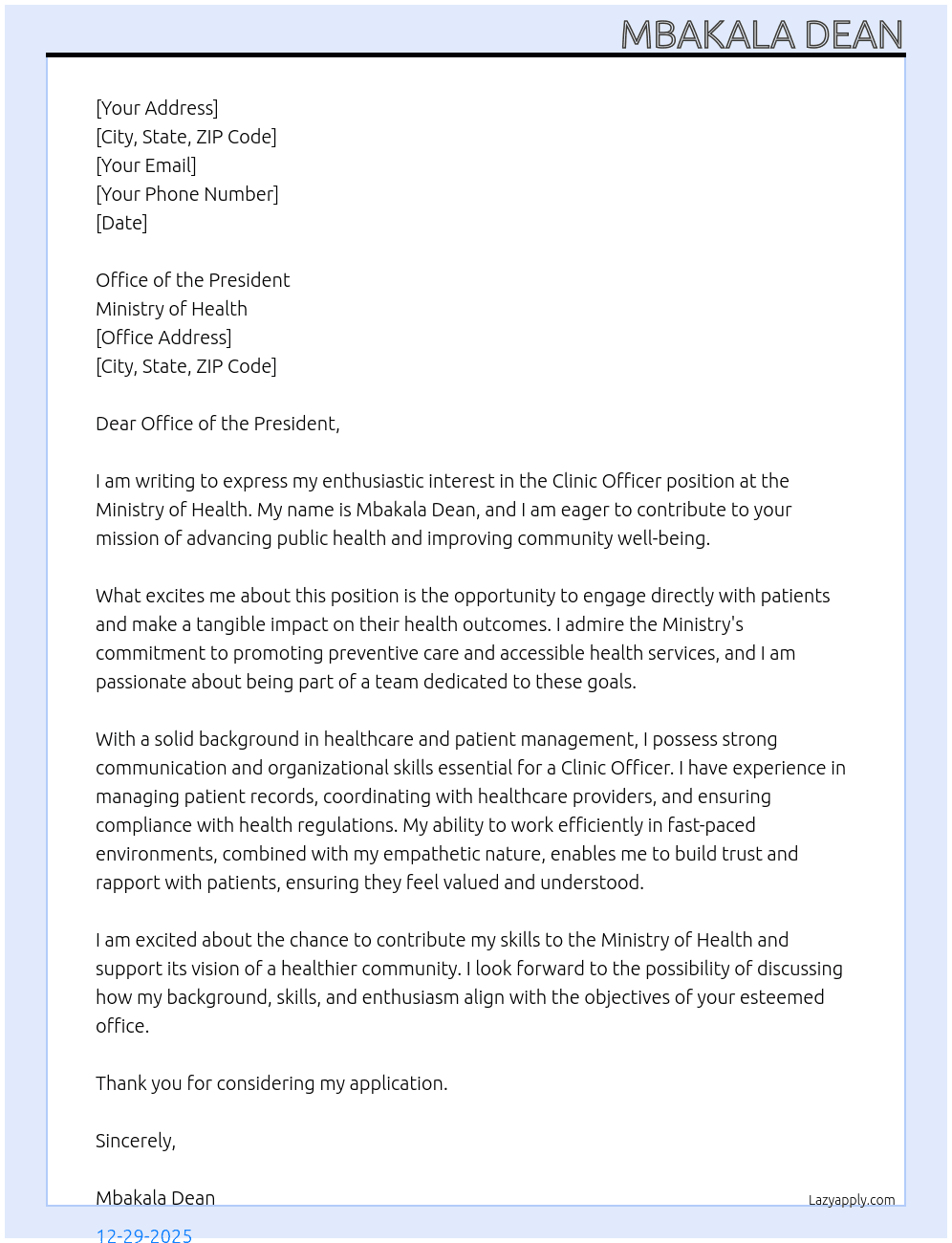 Cover letter for clinic officer - LazyApply