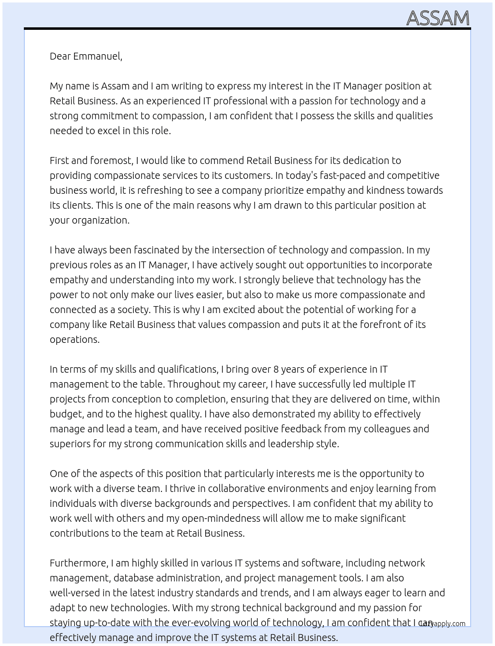 IT Manager At Retail Business Cover Letter