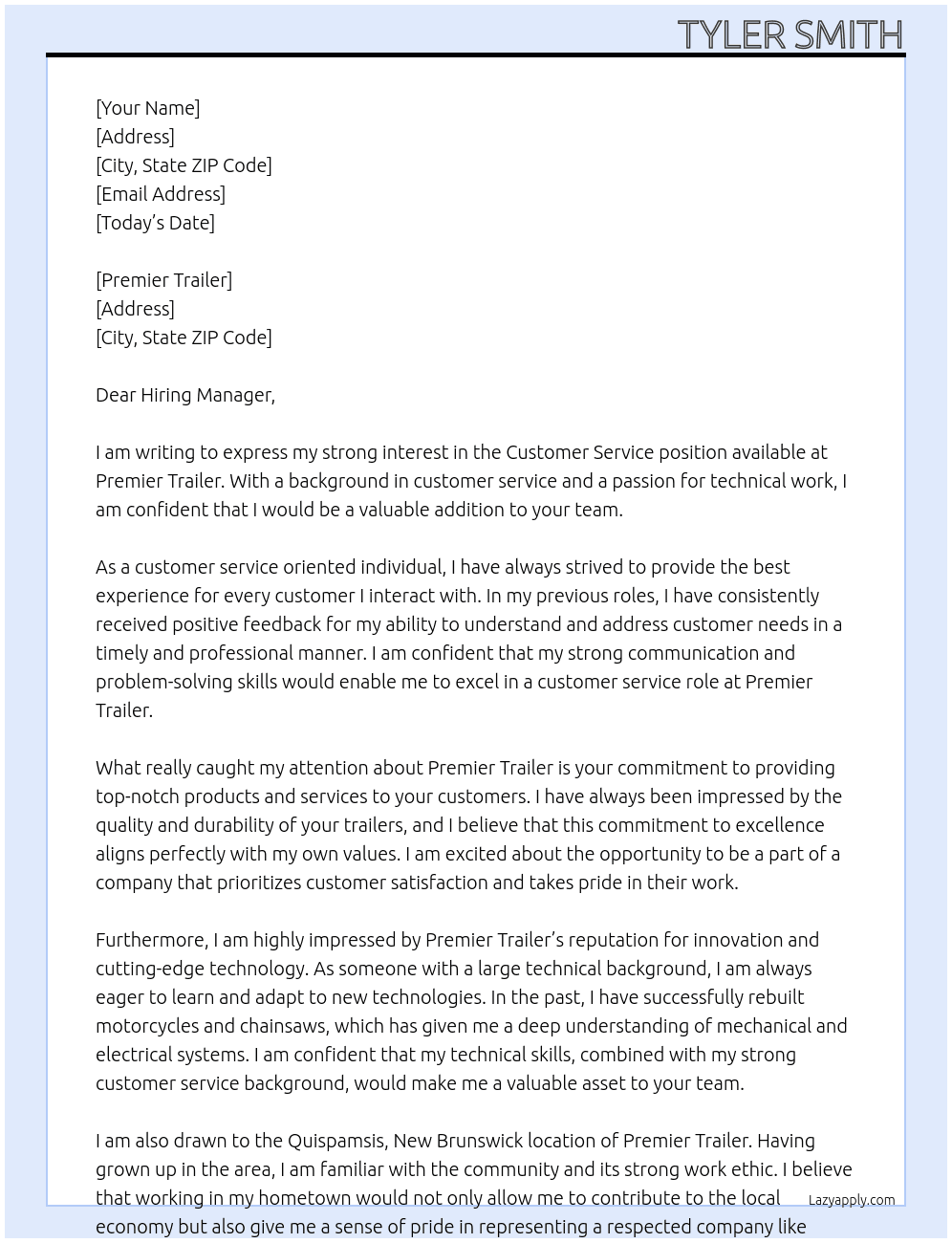Customer Service At Premier Trailer Cover Letter