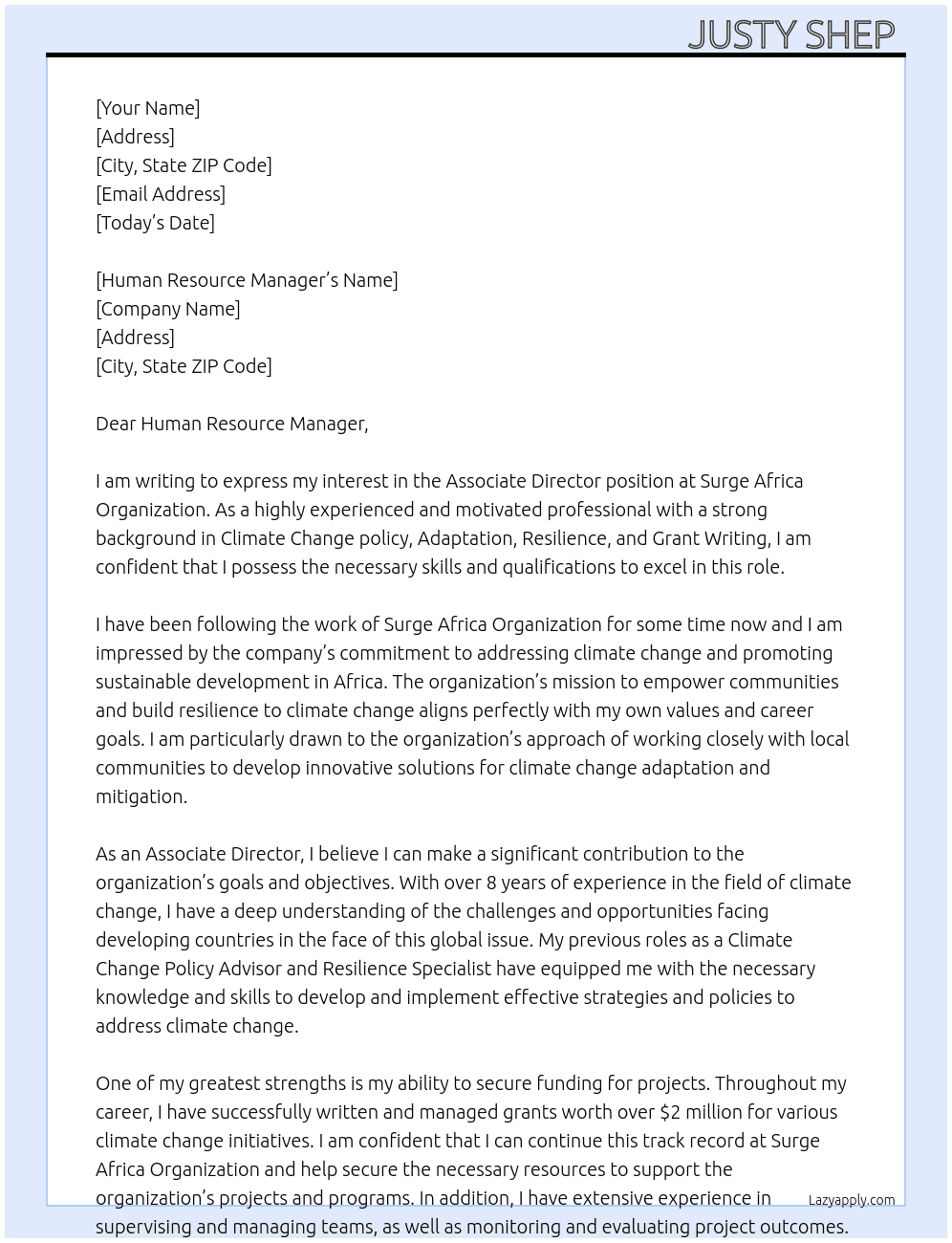 ASSOCIATE DIRECTOR At SURGE AFRICA ORGANIZATION Cover Letter