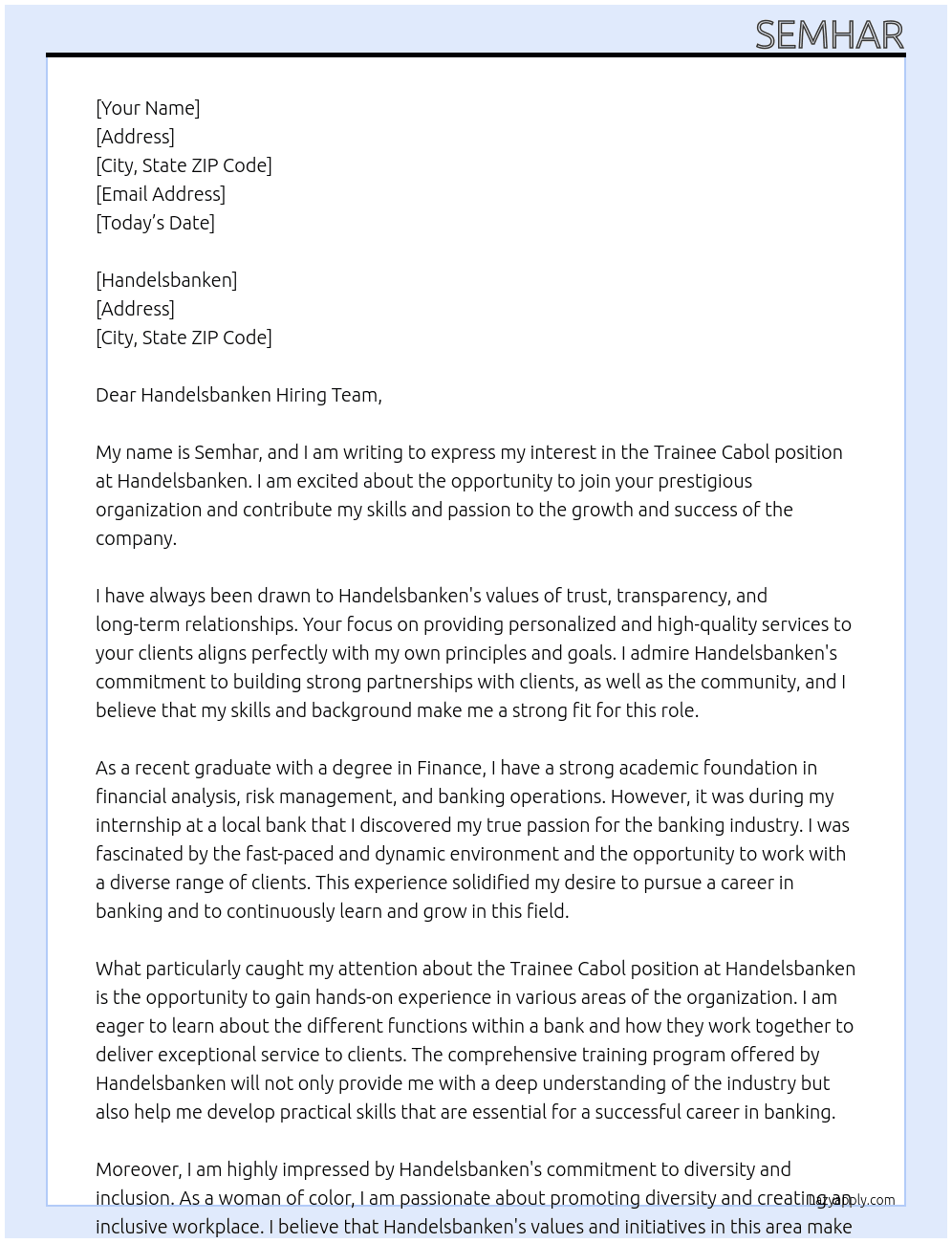 trainee cabol At handelsbanken Cover Letter