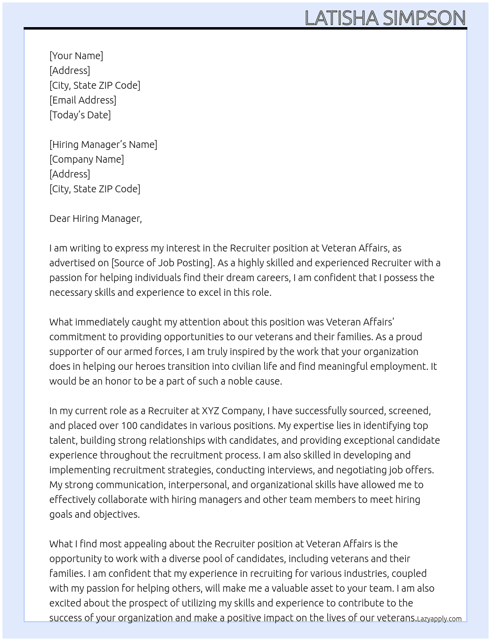 Recruiter At Veteran Affairs Cover Letter