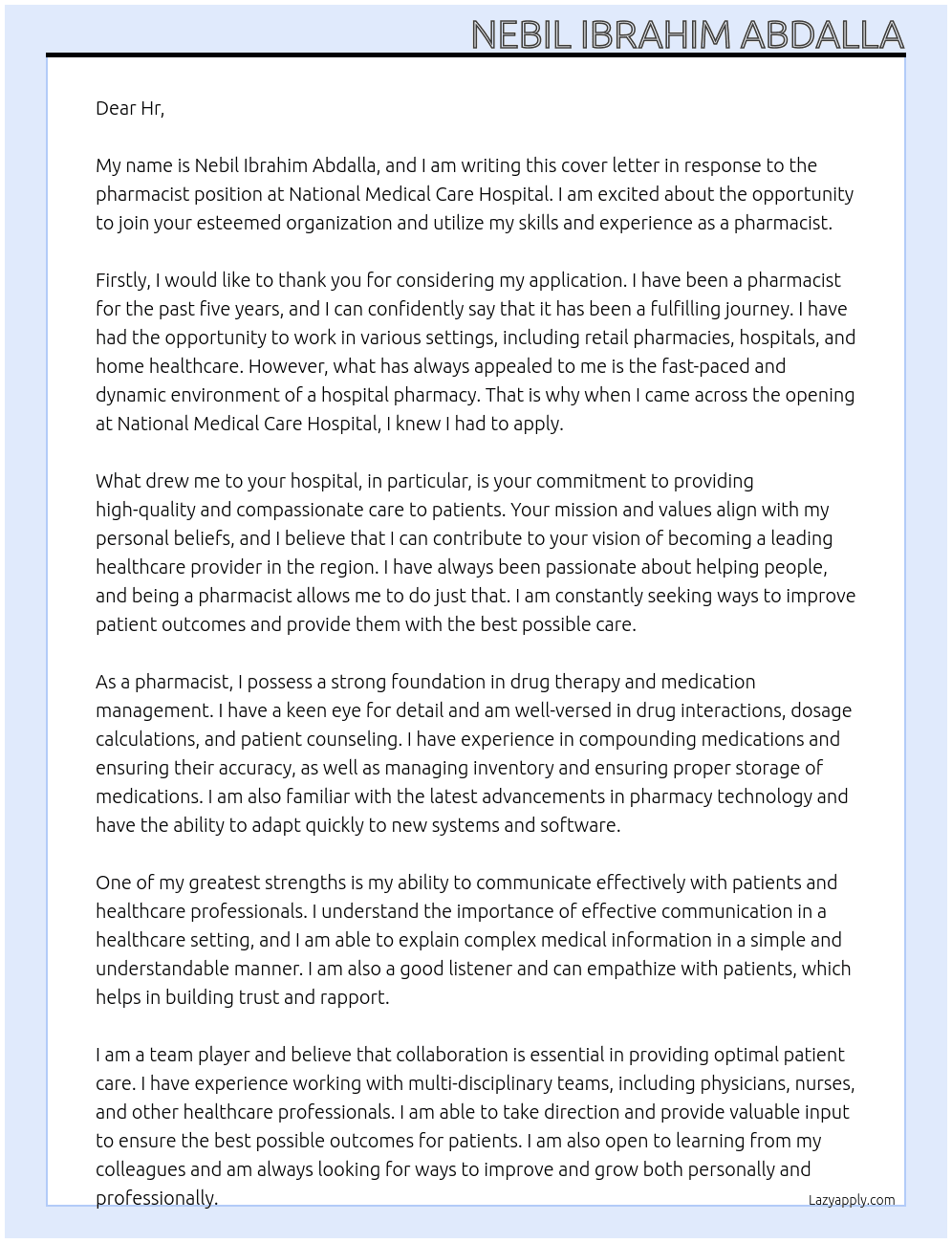 Pharmacist  At National medical csre hospital Cover Letter