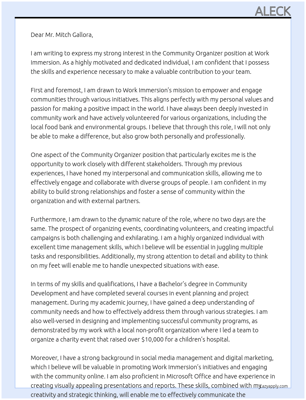 community organizers At Work Immersion Cover Letter