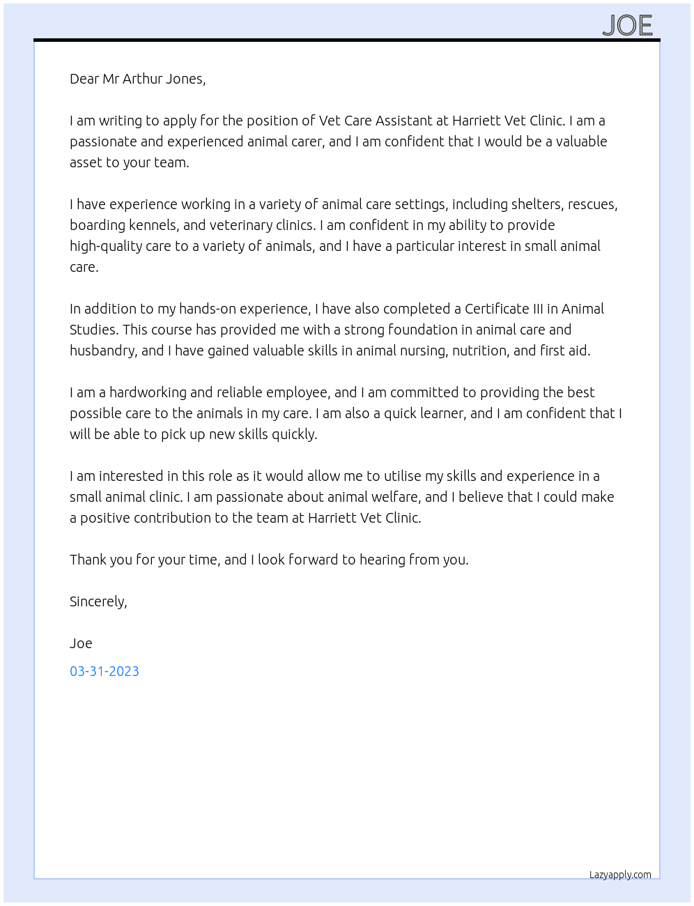Vet care assistant  At Harriett vet clinic  Cover Letter