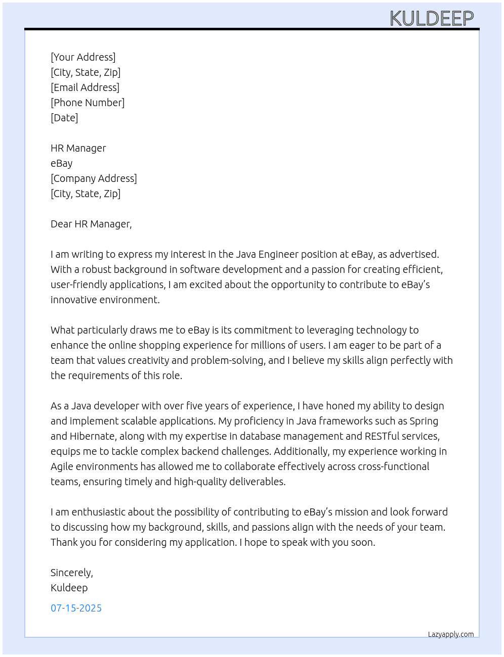Cover letter for java engineer - LazyApply