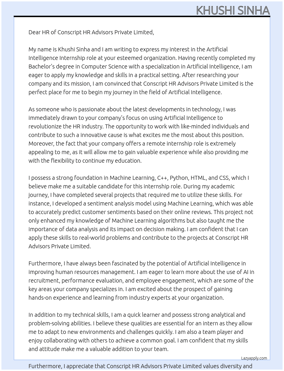 Artificial Intelligence Internship At Conscript HR Advisors Private Limited Cover Letter