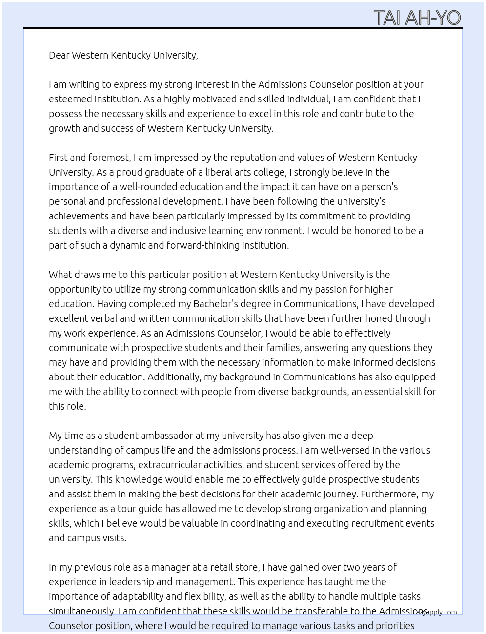 Admissions Counselor At Western Kentucky University Cover Letter