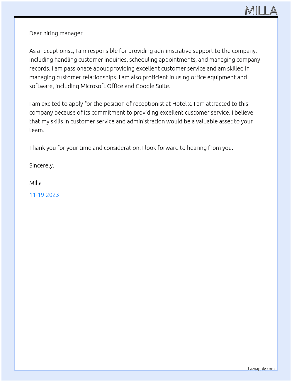 receptionist At Hotel x Cover Letter