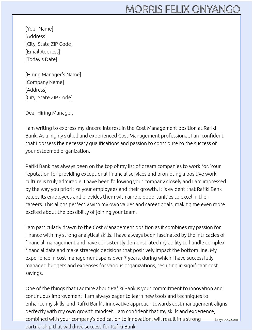 Cost management  At Rafiki bank Cover Letter