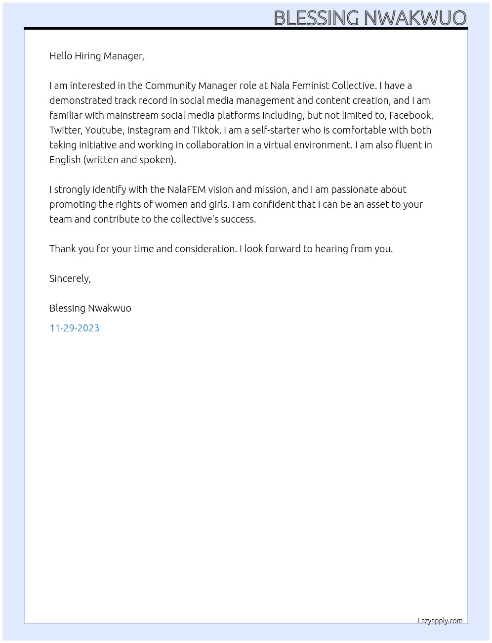 Community Manager At Nala Feminist Collective Cover Letter