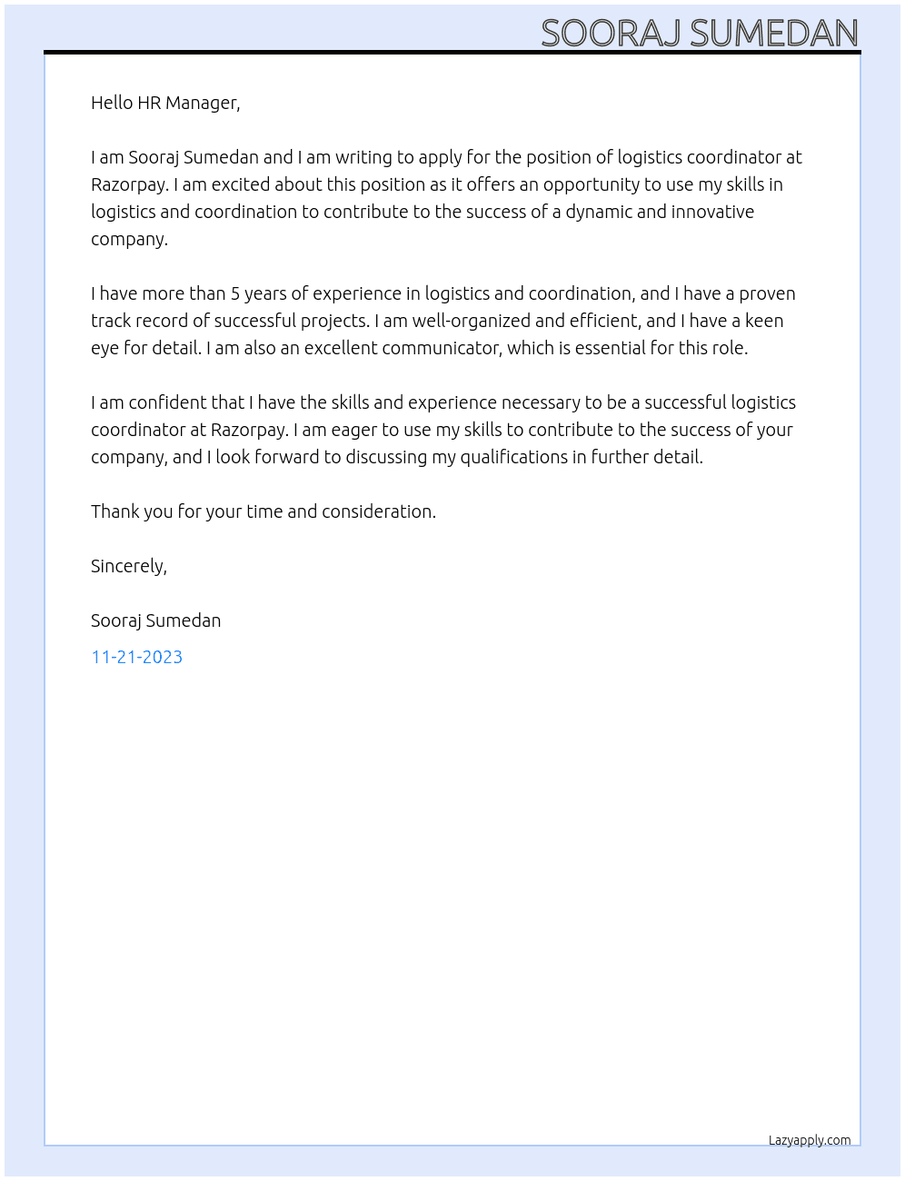 logistics coordinator At Razorpay Cover Letter