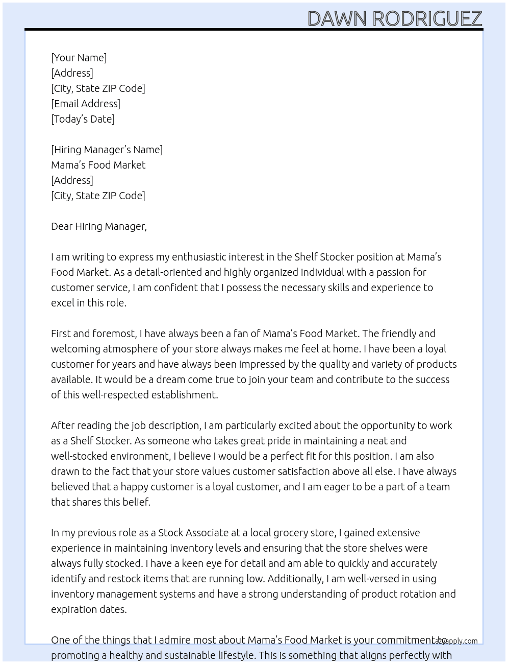 shelf stocker At Mama's Food Market Cover Letter