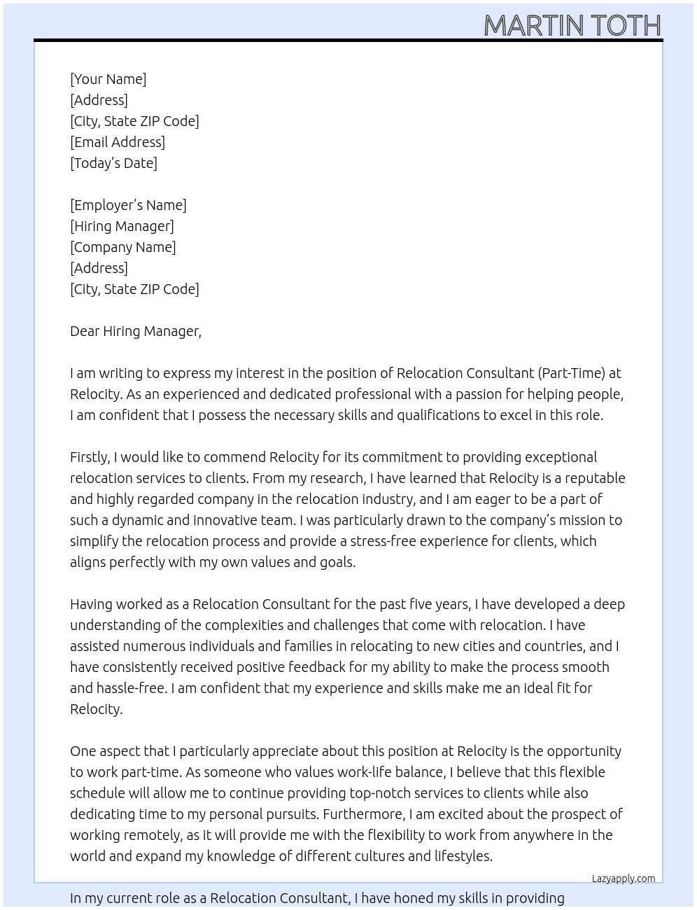 Relocation Consultant (Part-Time) At Relocity Cover Letter